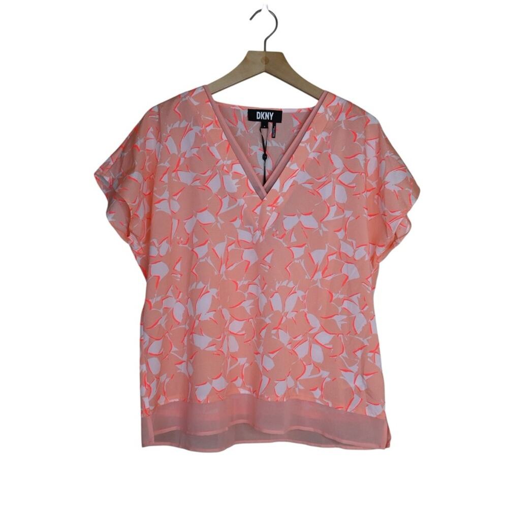 DKNY Women's M Flamingo Multi V Neckline Oversized Pullover Blouse NEW
